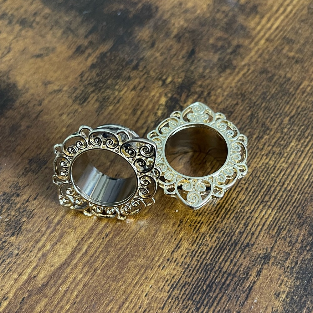 🧜‍♀️ 3/4” Gold Spiral Earrings Filigree Tunnels Mermaidcore Gauges (19mm)